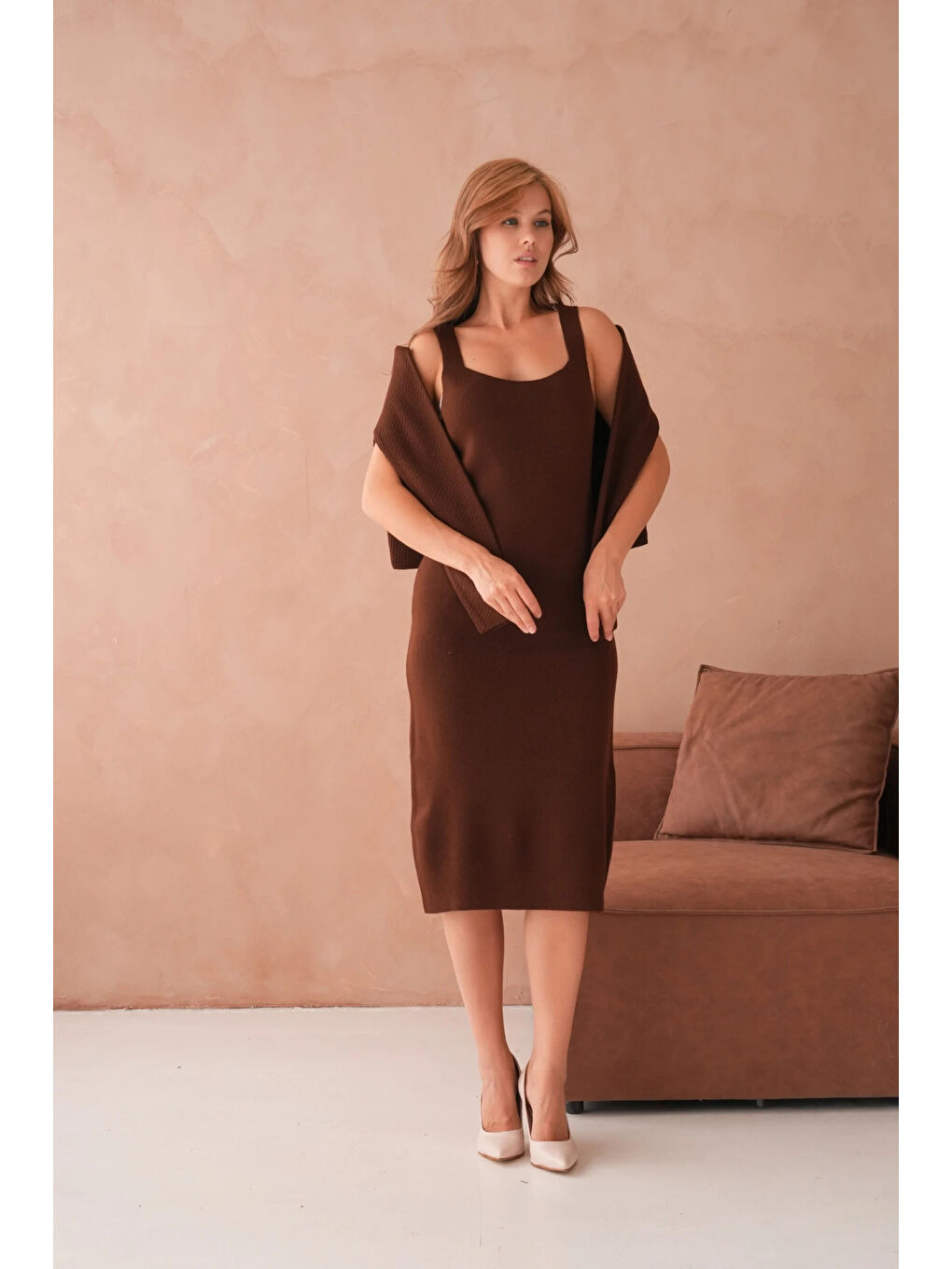 Kahverengi Kadın Bisiklet Yaka Düğme Detay Dokulu Ceket Elbise İkili Triko Takım-4