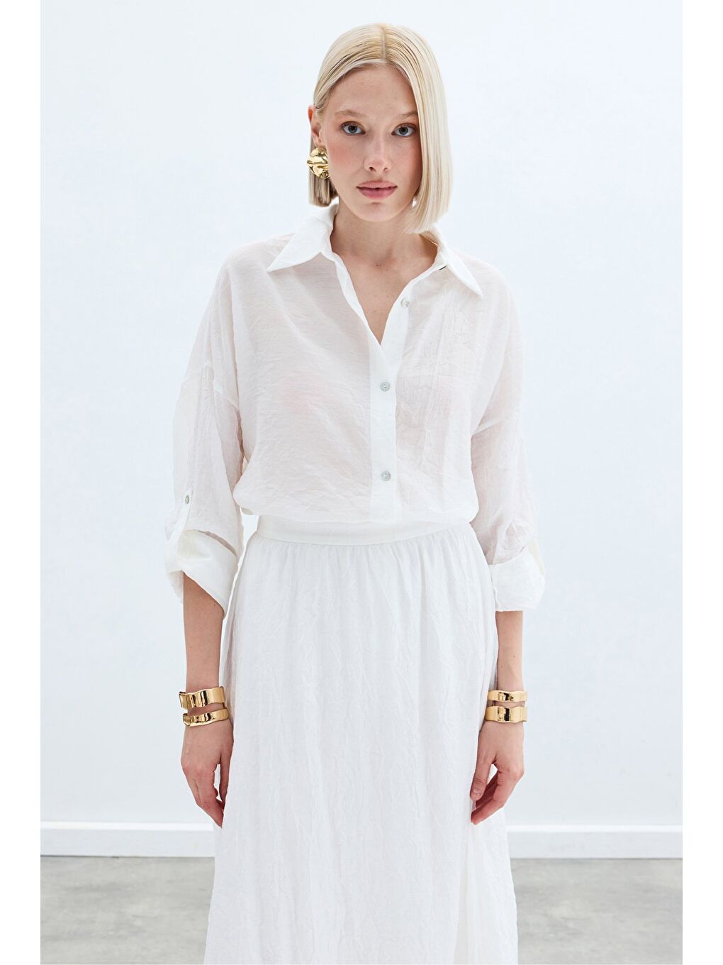 Kol Detaylı Salaş Gömlek - Ekru-2