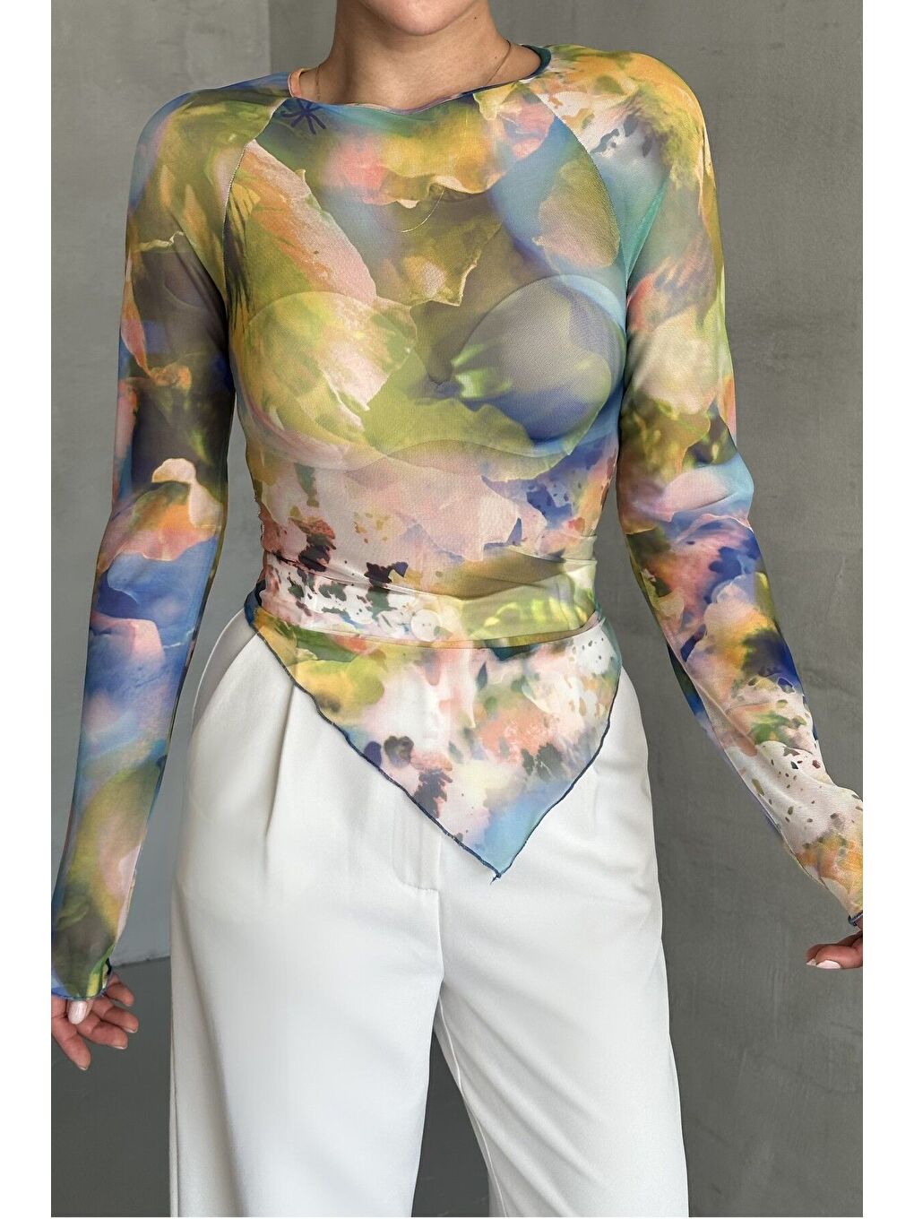 Karışık Kadın Bisiklet Yaka KARIŞIK Desenli Uzun Kollu V Kesim Bluz-2