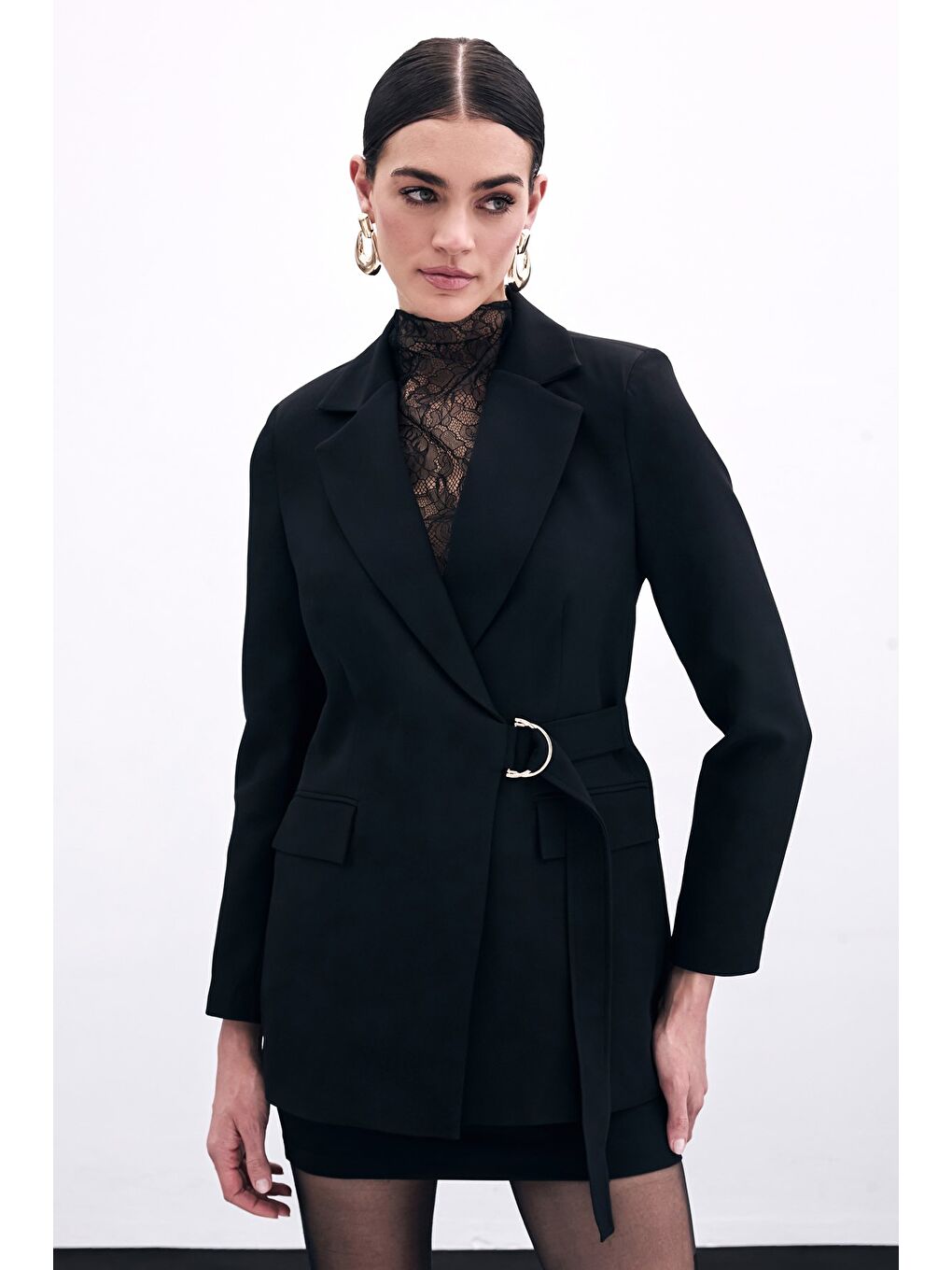 Kruvaze Yakalı Uzun Ceket - Siyah-4