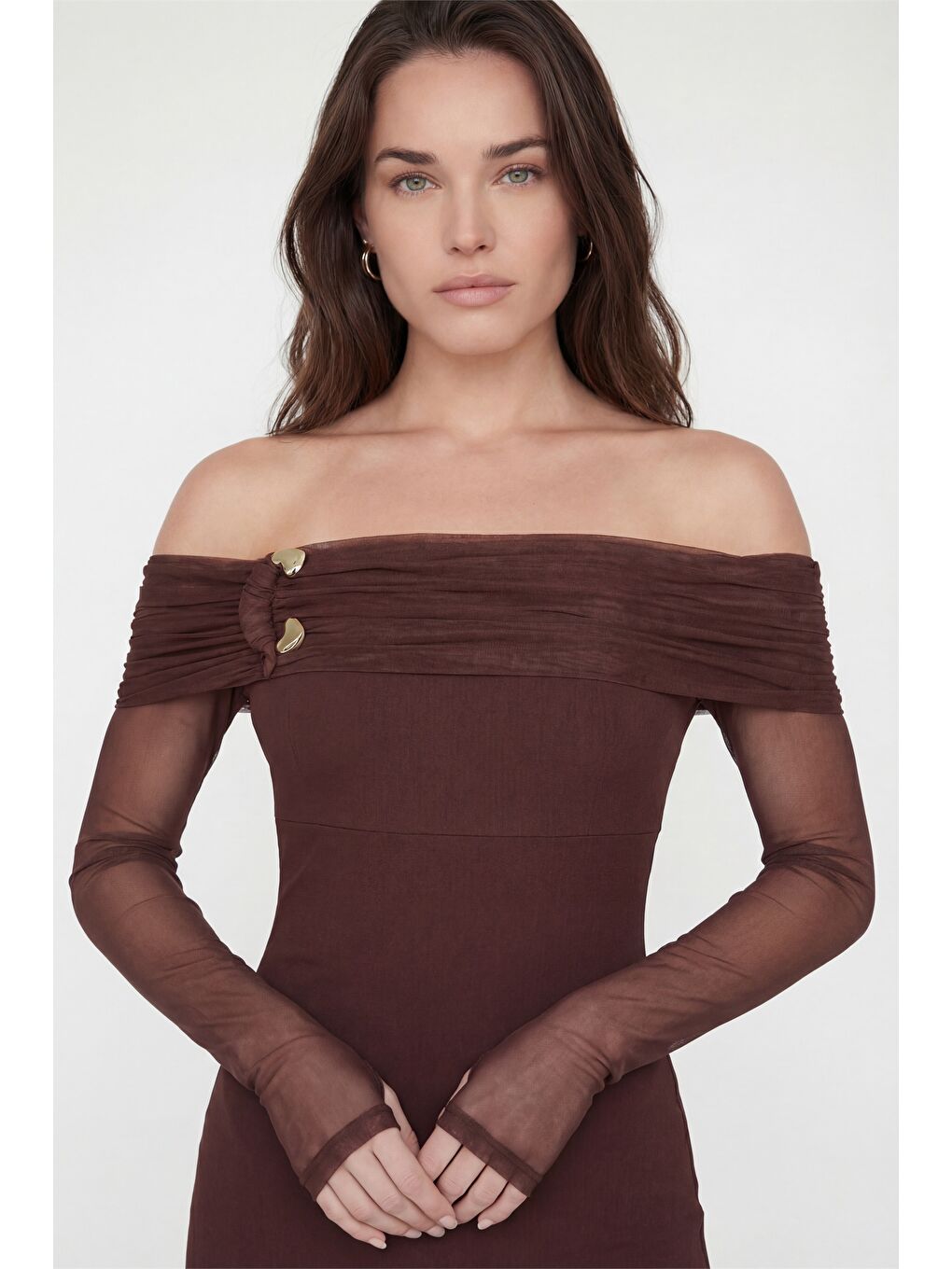 Kadın Kahverengi Yakası Aksesuar Detay Maxi Elbise-2