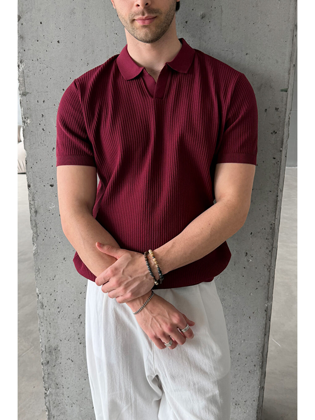 Bordo Erkek Petek Desen Polo Yaka Triko T-shirt-1