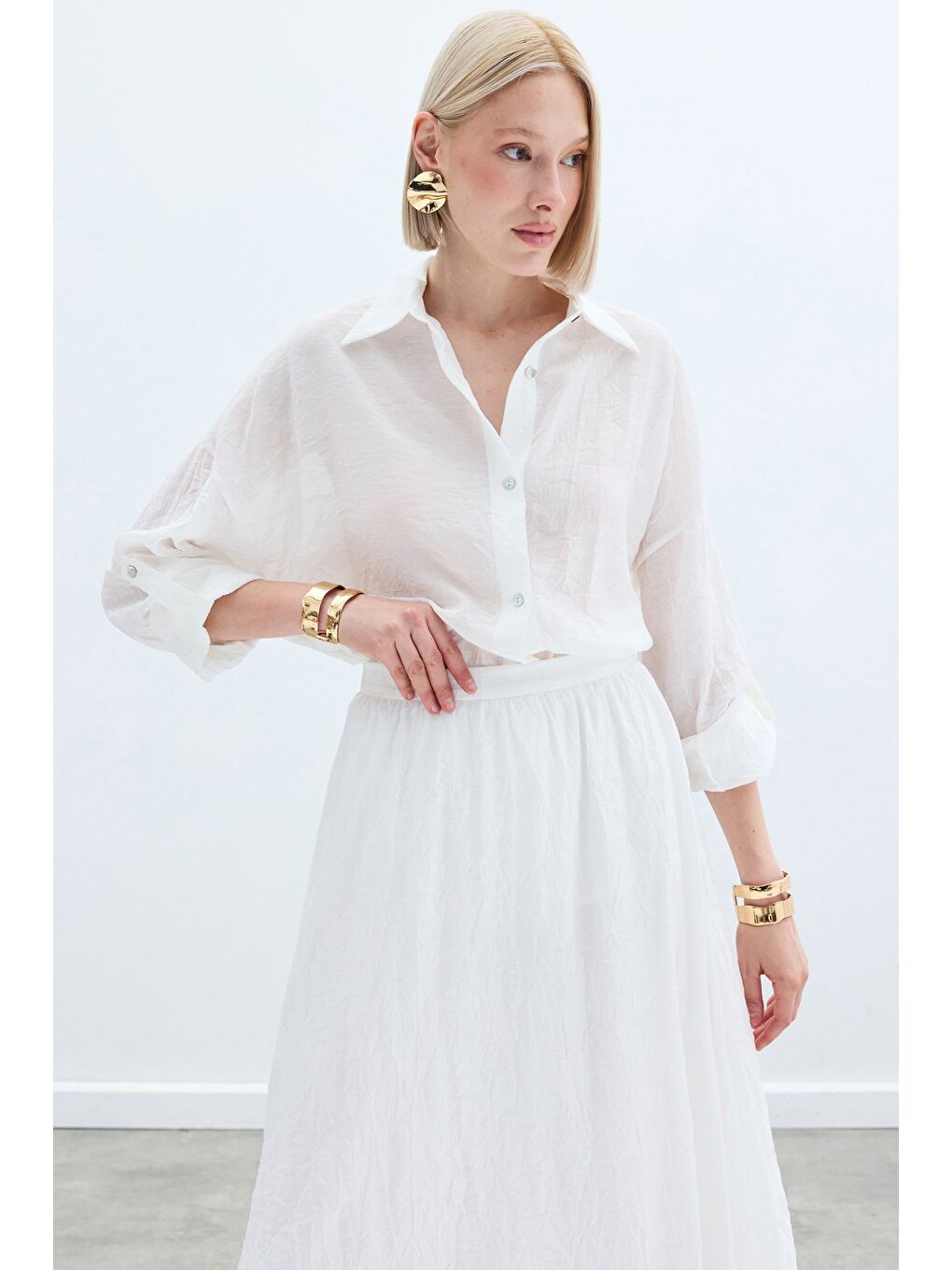 Kol Detaylı Salaş Gömlek - Ekru-3