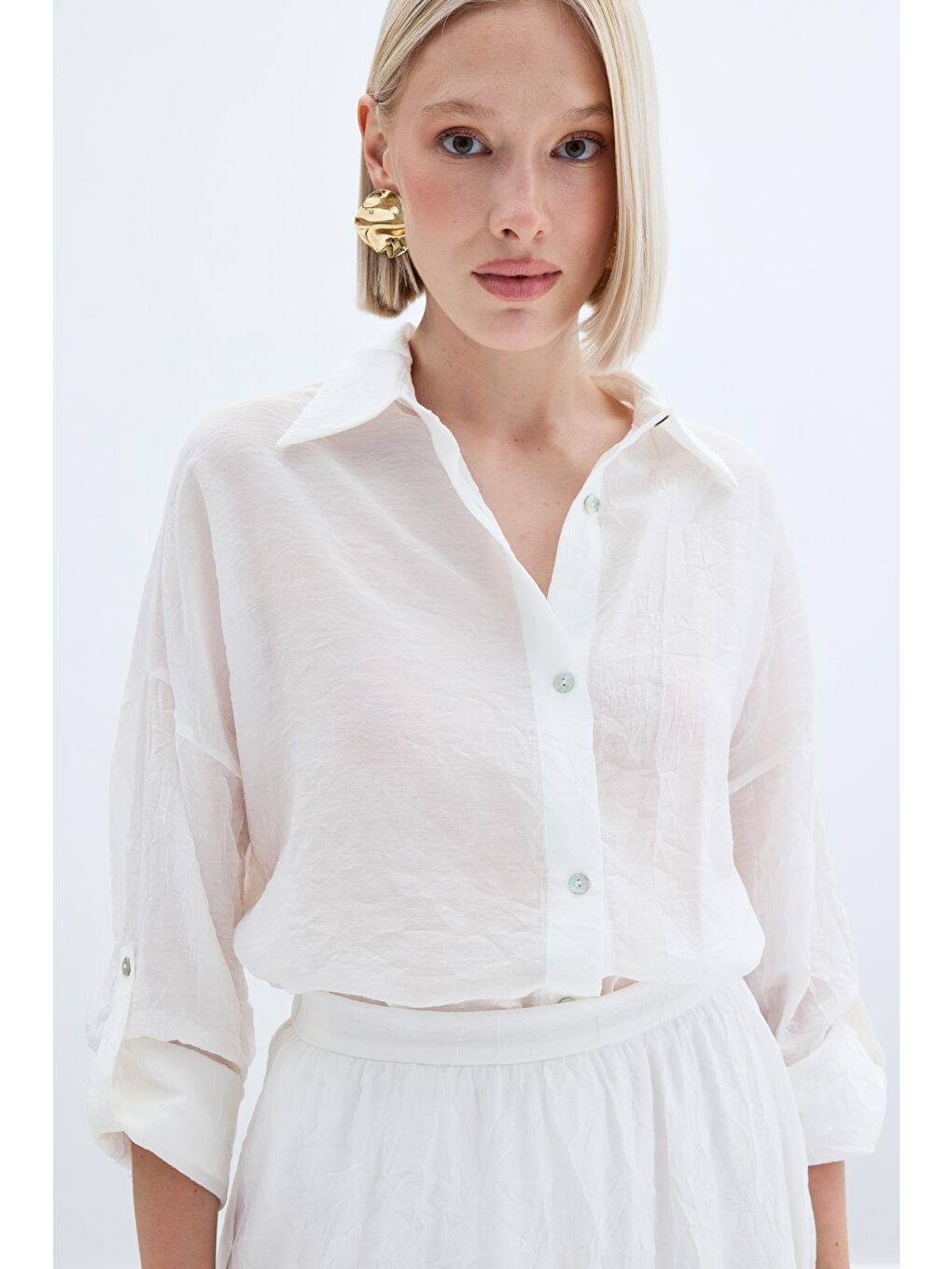Kol Detaylı Salaş Gömlek - Ekru-4