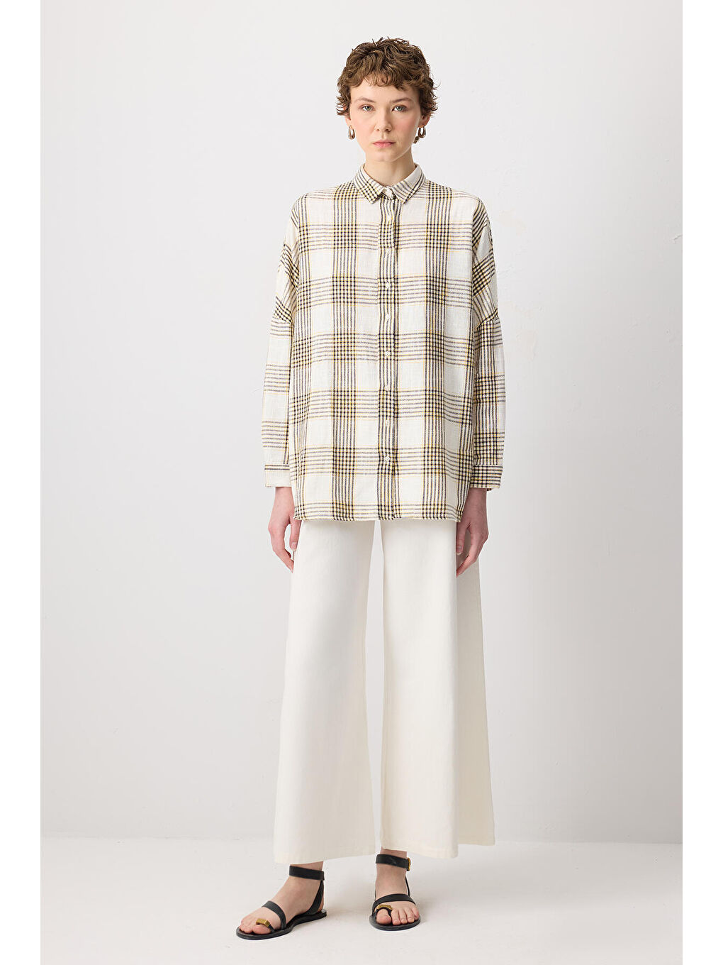 Sarı %100 Pamuklu Ekoseli Oversıze Gömlek