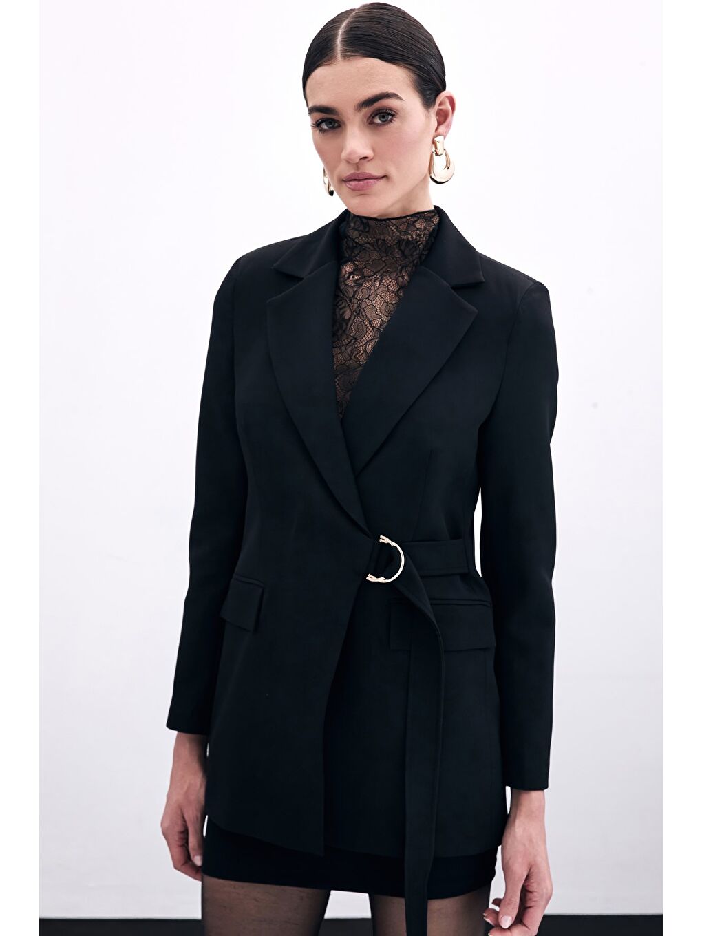 Kruvaze Yakalı Uzun Ceket - Siyah-6