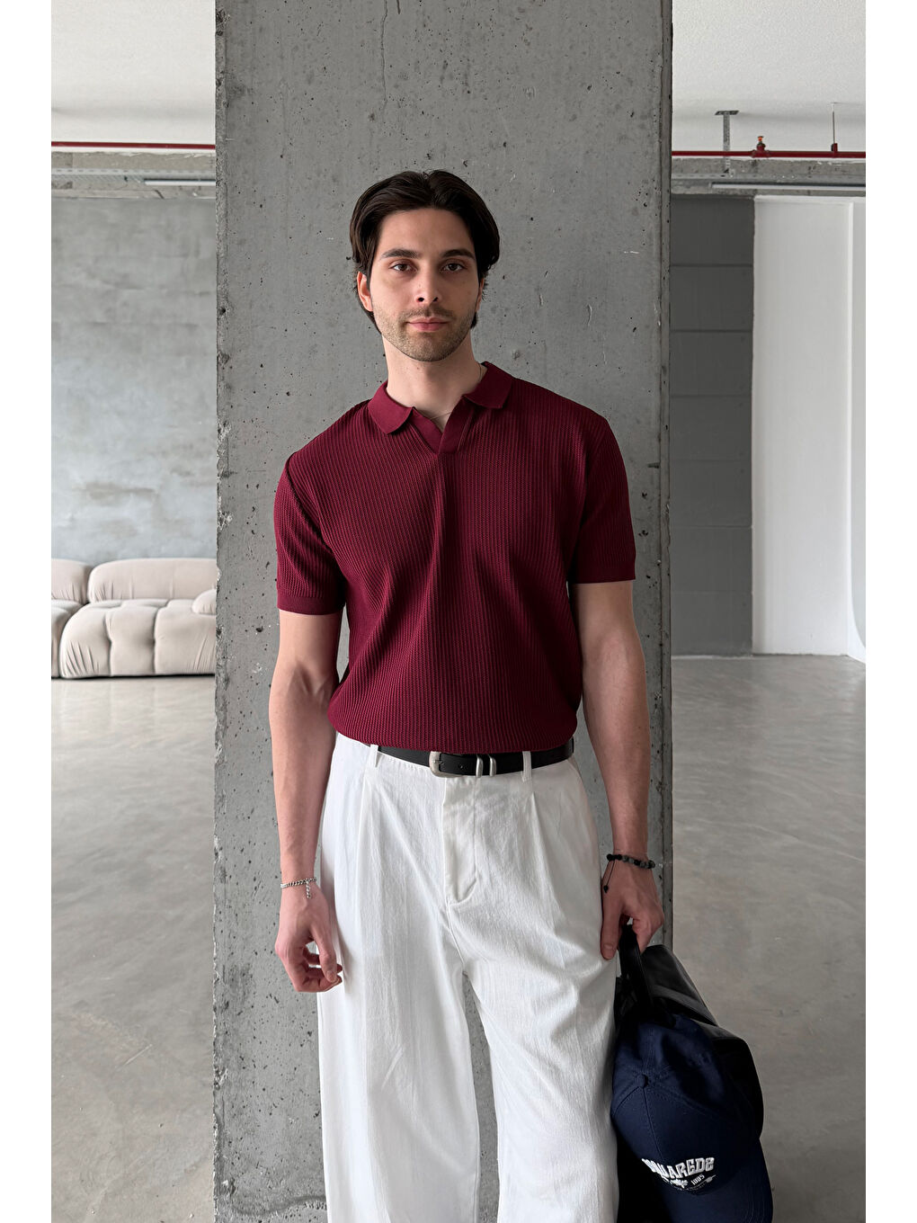 Bordo Erkek Petek Desen Polo Yaka Triko T-shirt-2
