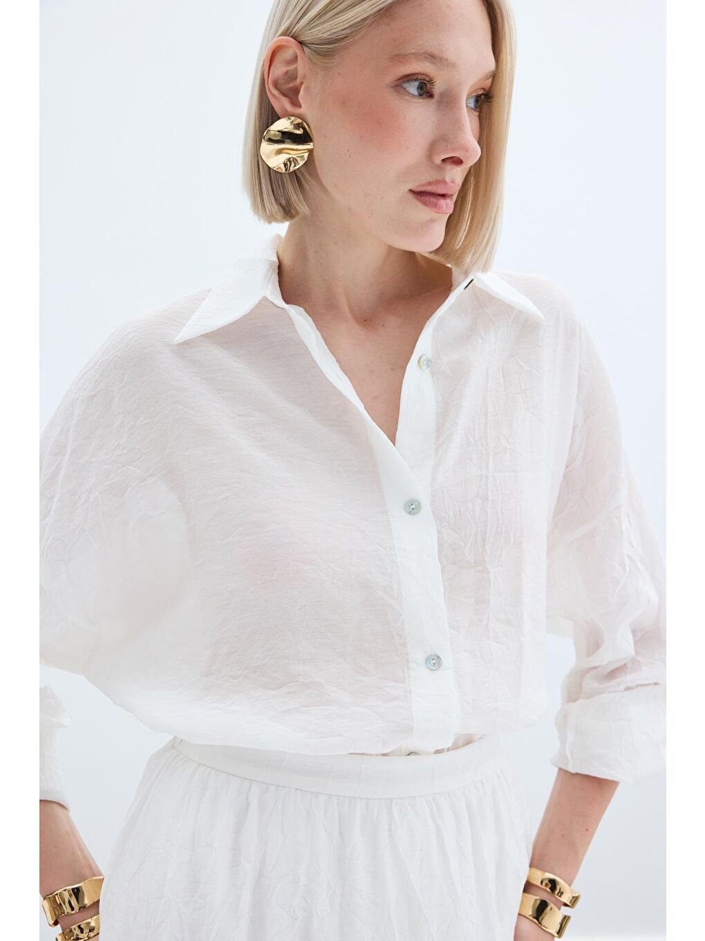 Kol Detaylı Salaş Gömlek - Ekru-5