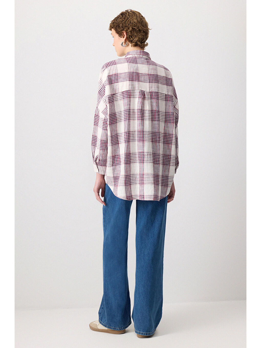 Bordo %100 Pamuklu Ekoseli Oversıze Gömlek-3