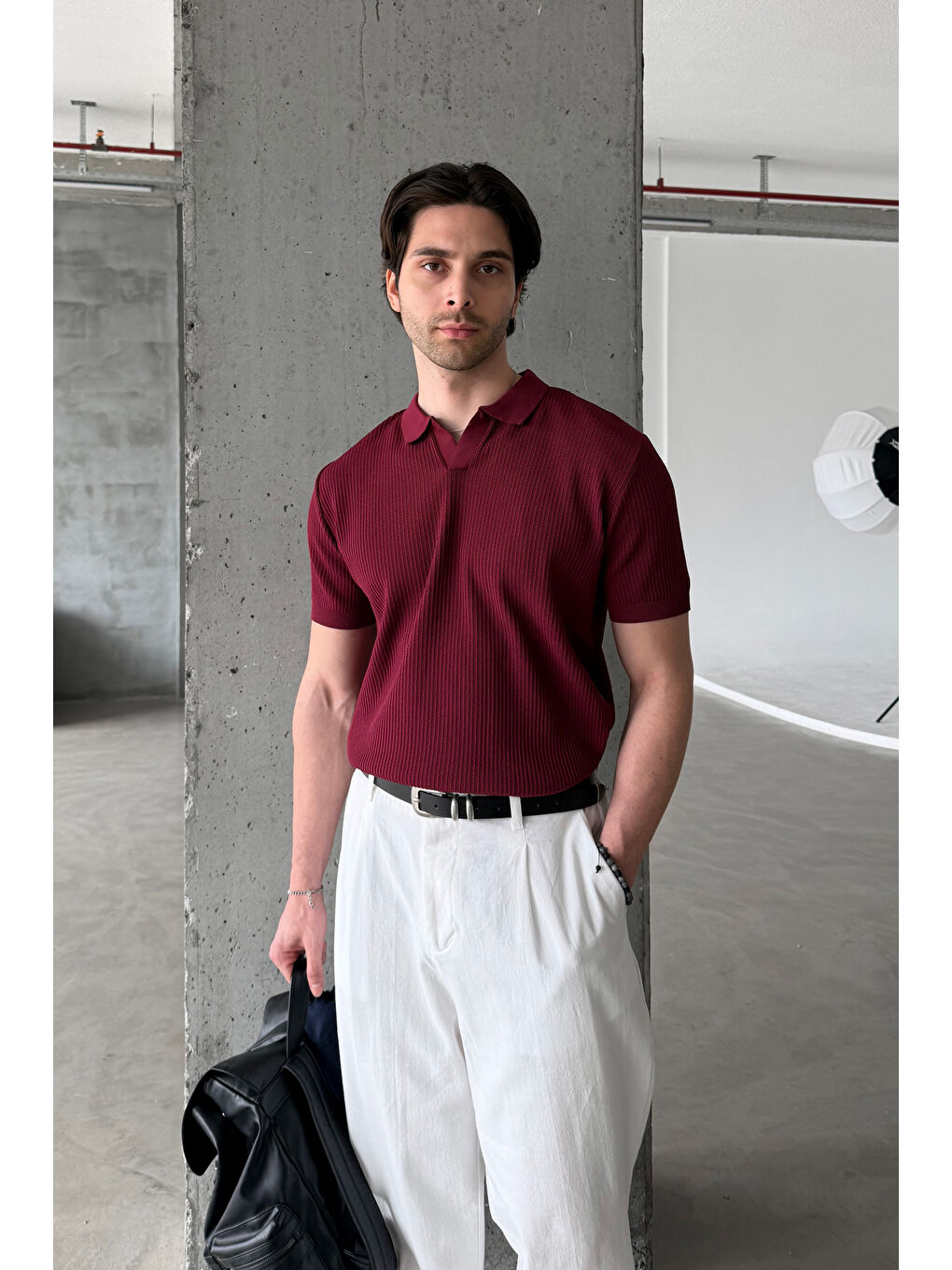 Bordo Erkek Petek Desen Polo Yaka Triko T-shirt-3