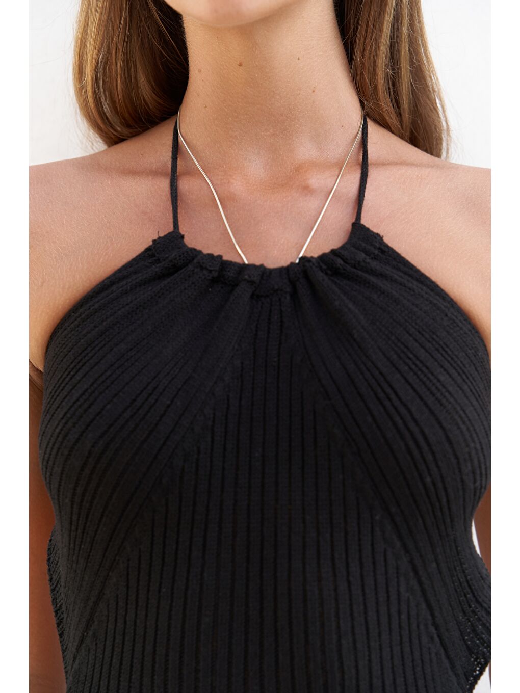 Salinas Bağcık Detay Siyah Triko Uzun Elbise-6