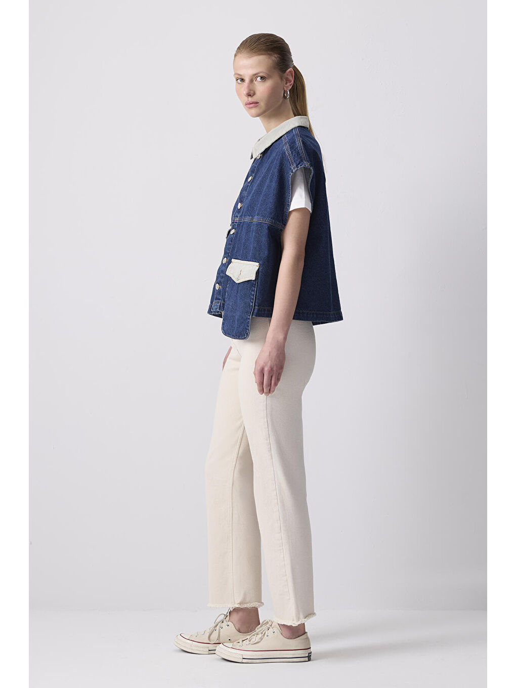 Mavi Cep Detaylı Denim Yelek-2