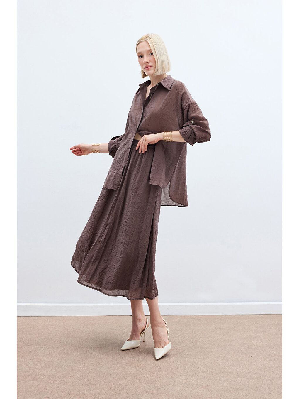Kahverengi Kol Detaylı Salaş Gömlek - Kahve-1