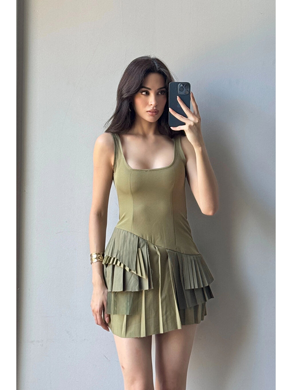 Kadın Haki Pliseli Şort Elbise 1041-2332-2