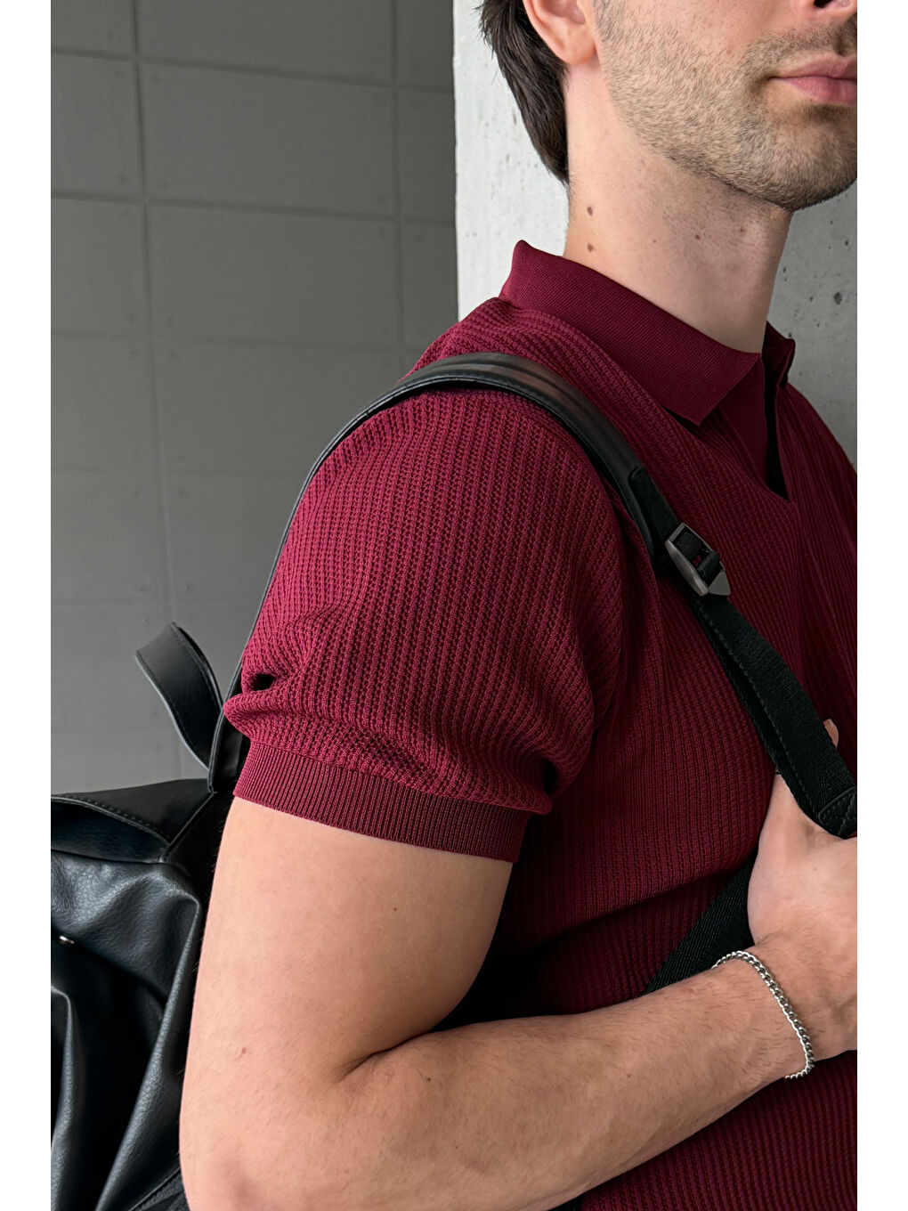 Bordo Erkek Petek Desen Polo Yaka Triko T-shirt-5
