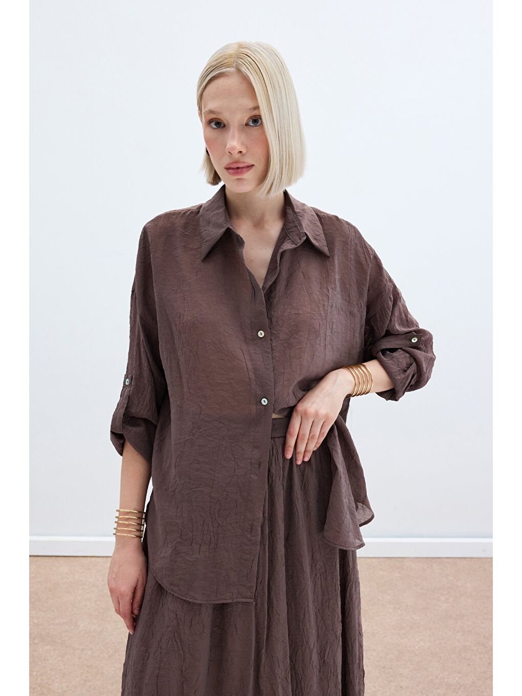 Kahverengi Kol Detaylı Salaş Gömlek - Kahve-2