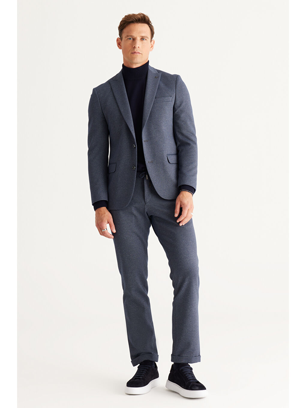 Erkek Lacivert-Gri Slim Fit Dar Kesim Kırlangıç Yaka Desenli Takım Elbise-4