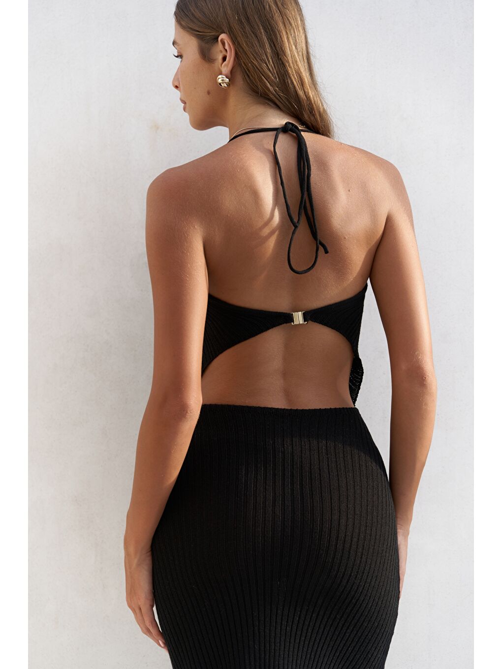 Salinas Bağcık Detay Siyah Triko Uzun Elbise-7