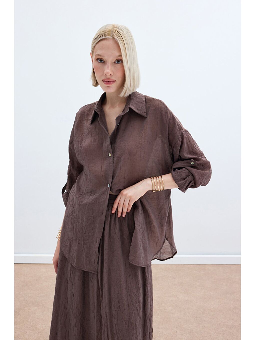 Kahverengi Kol Detaylı Salaş Gömlek - Kahve-3