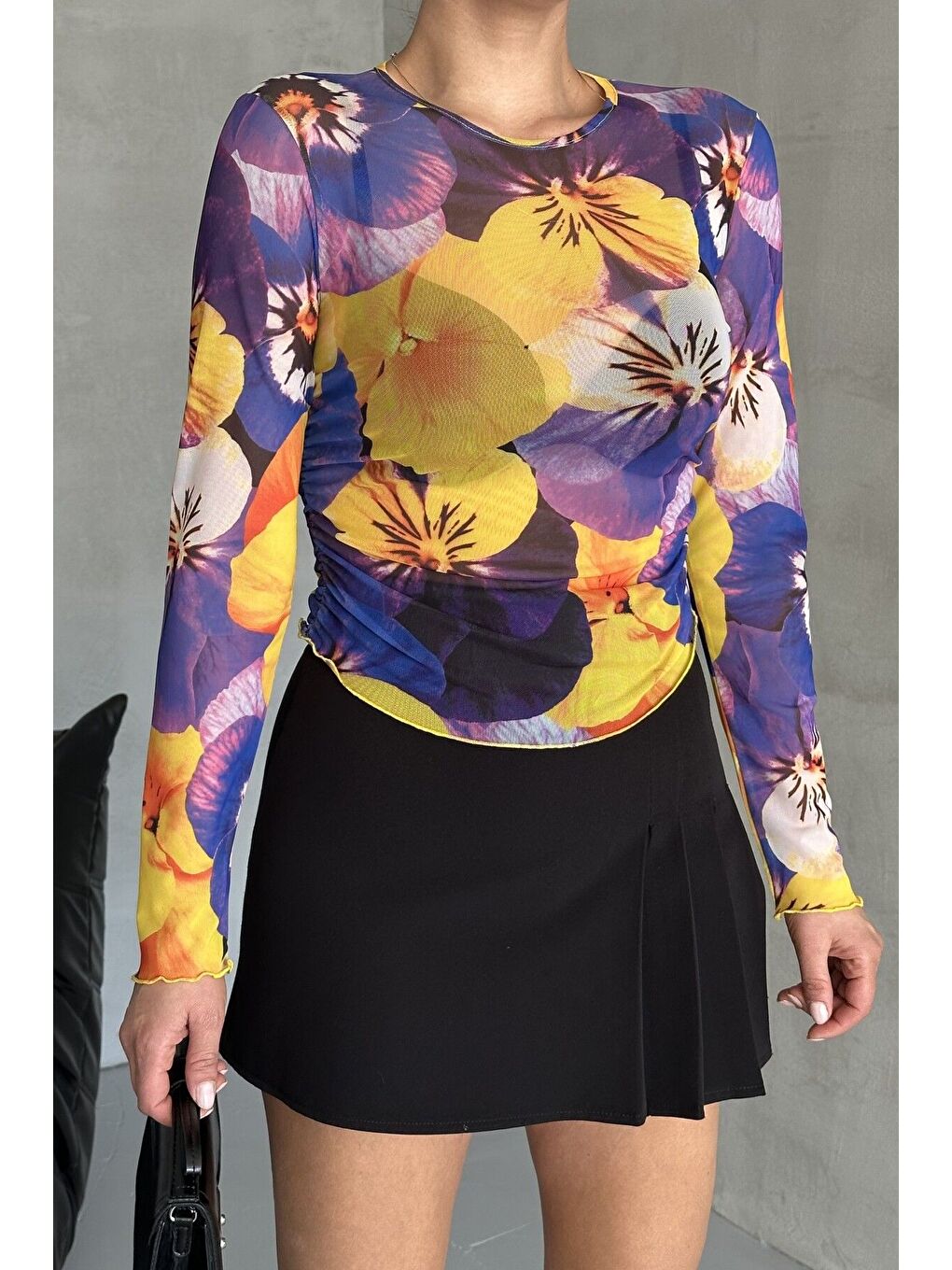 Mor Kadın Bisiklet Yaka MOR Çiçek Desenli Uzun Kollu Bluz-1