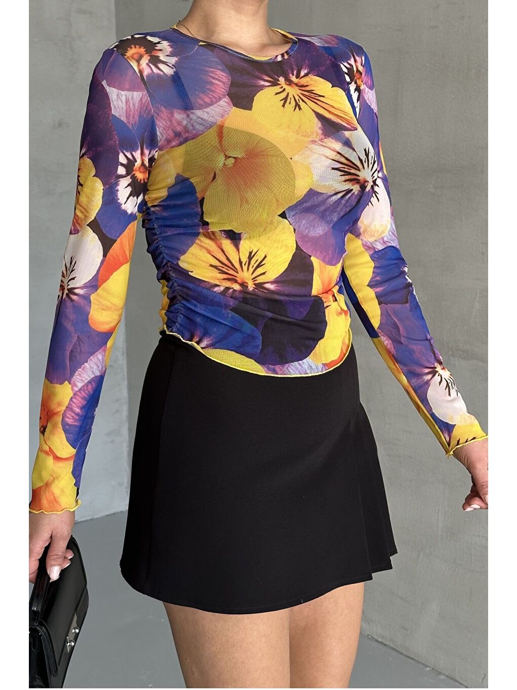 Mor Kadın Bisiklet Yaka MOR Çiçek Desenli Uzun Kollu Bluz-2