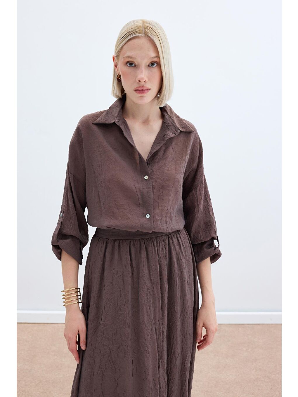 Kahverengi Kol Detaylı Salaş Gömlek - Kahve-4