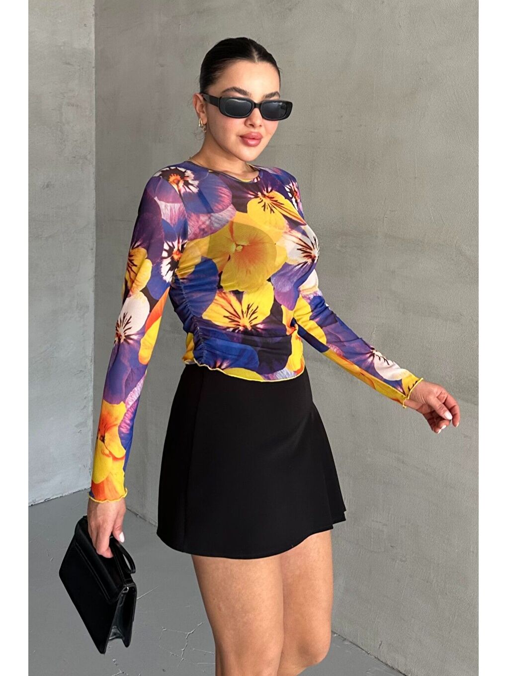 Mor Kadın Bisiklet Yaka MOR Çiçek Desenli Uzun Kollu Bluz-3