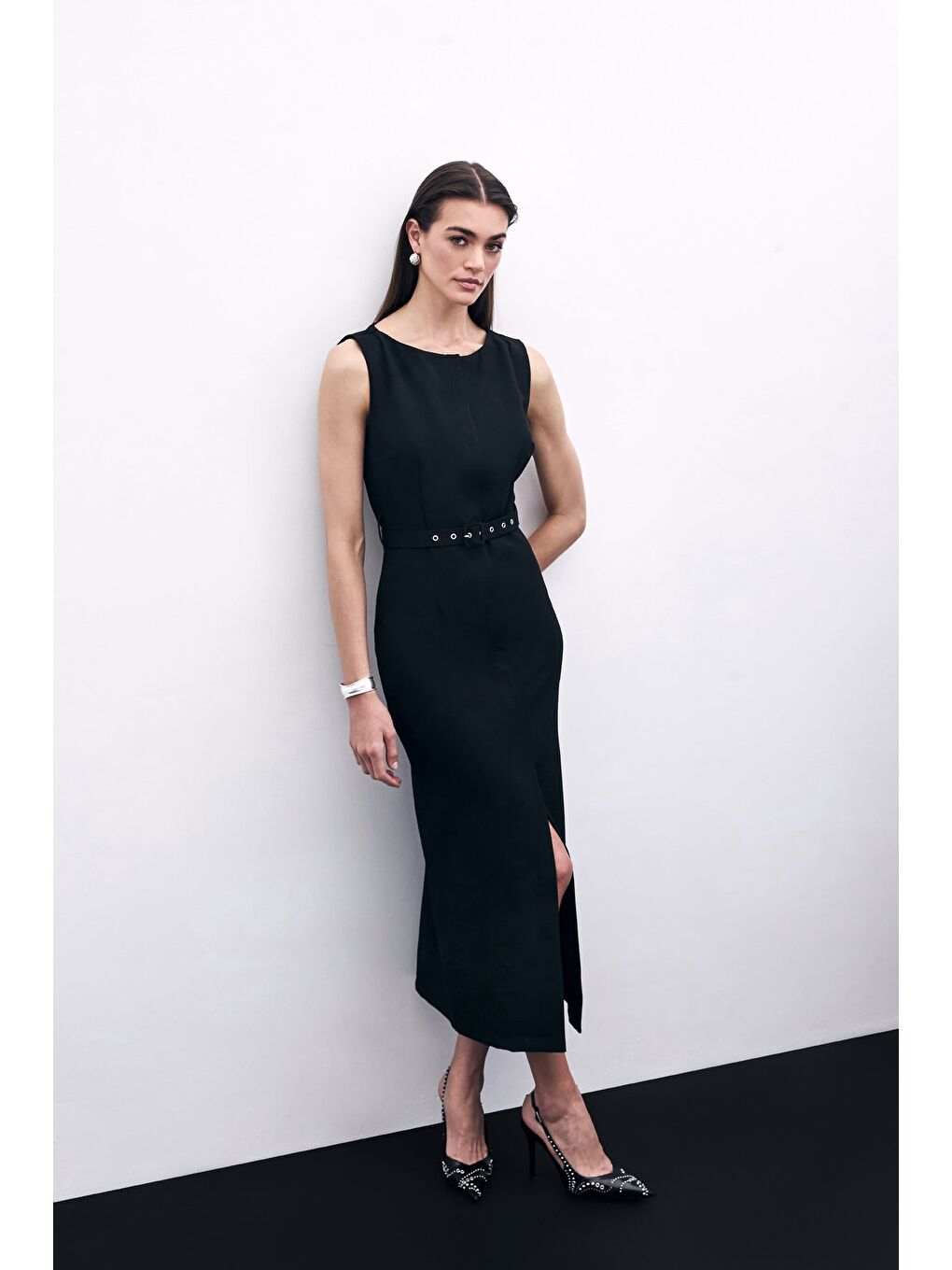 Kemerli Kalem Elbise - Siyah-2