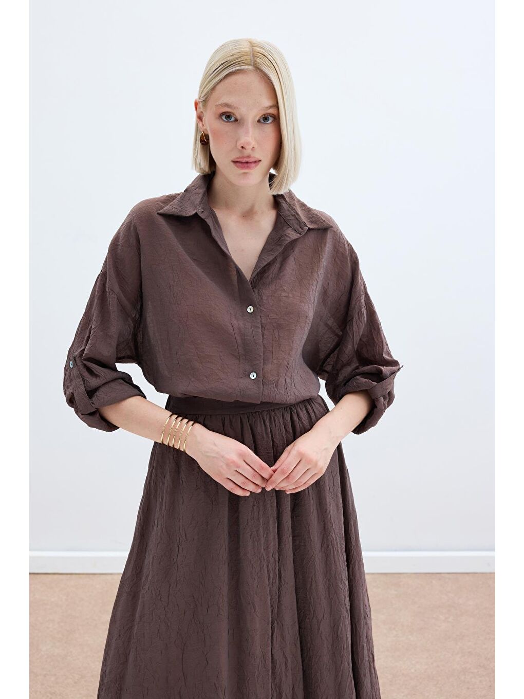 Kahverengi Kol Detaylı Salaş Gömlek - Kahve-5