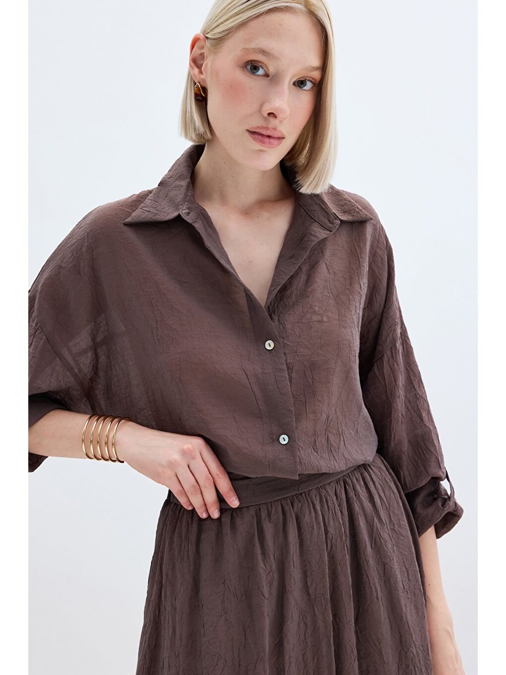 Kahverengi Kol Detaylı Salaş Gömlek - Kahve-6