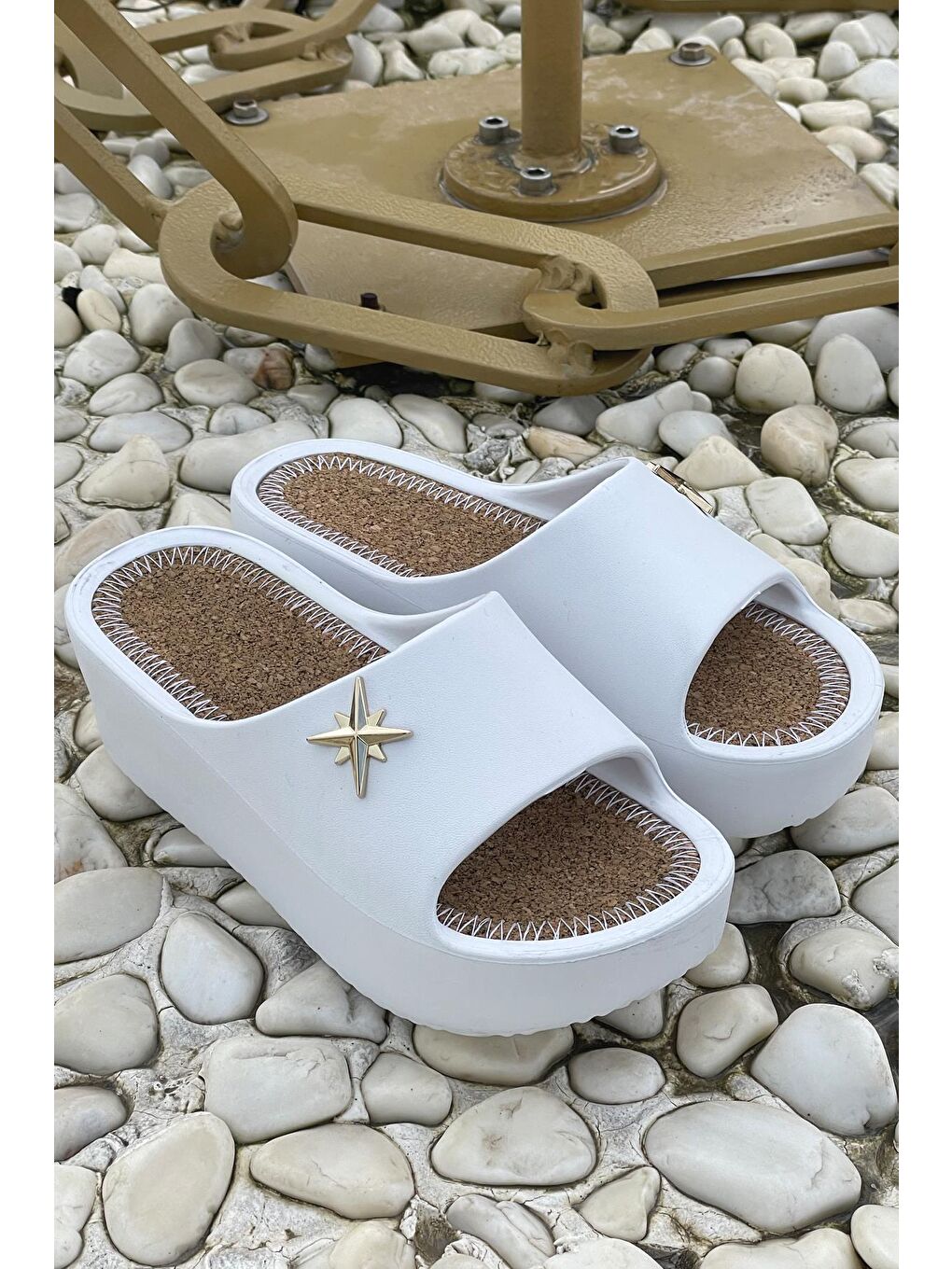 Beyaz PUSULA Kadın Terlik Plaj Deniz Havuz Terliği Dolgu Topuk Yüksek Taban