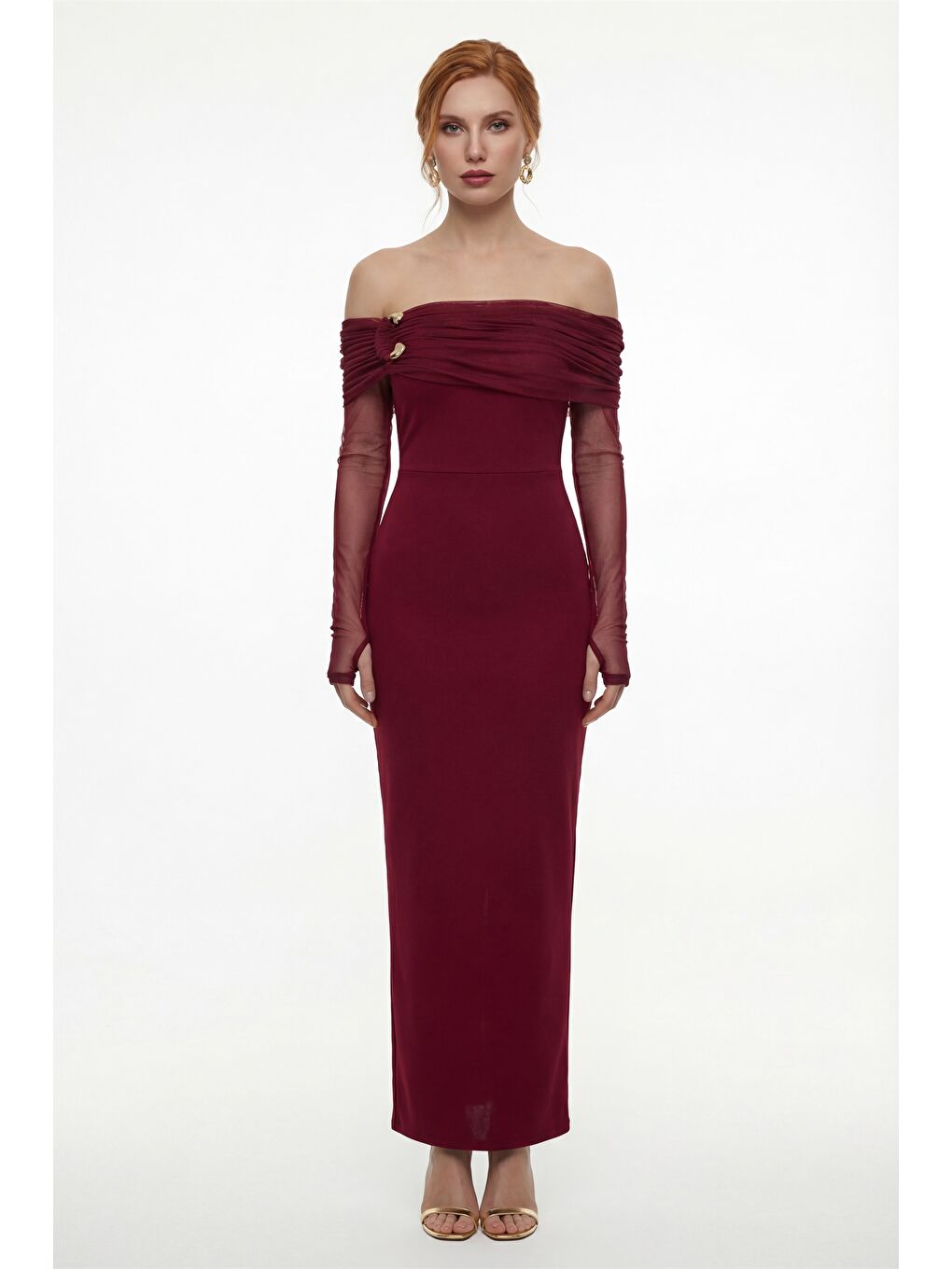 Kadın Bordo Yakası Aksesuar Detay Maxi Elbise