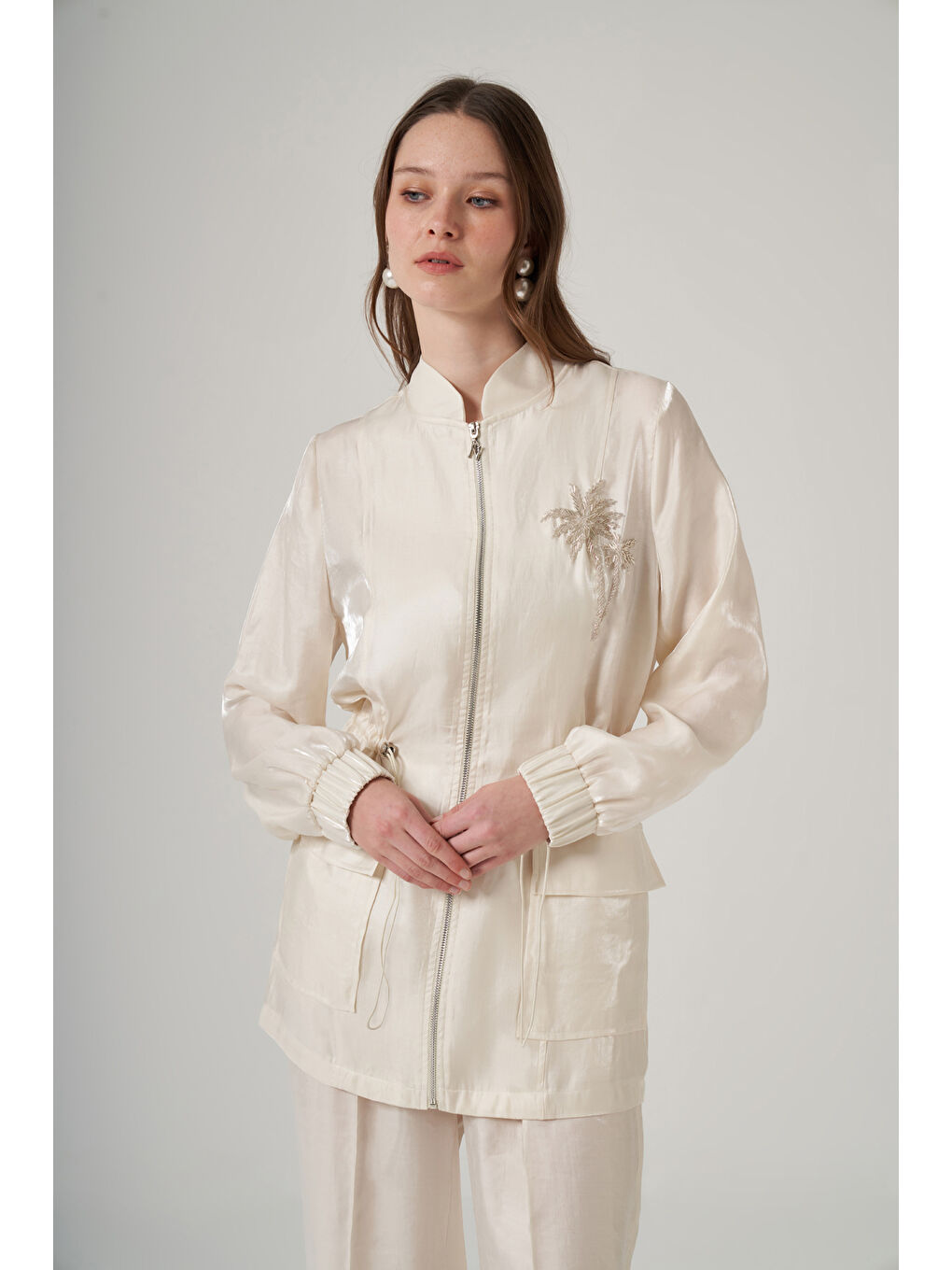 Ekru Taş İşleme Cep Detaylı Pantolonlu Takım 1032 Krem-1