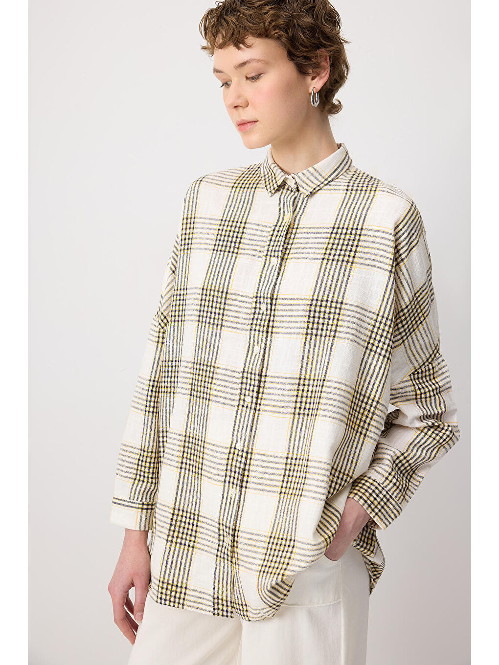 Sarı %100 Pamuklu Ekoseli Oversıze Gömlek-1