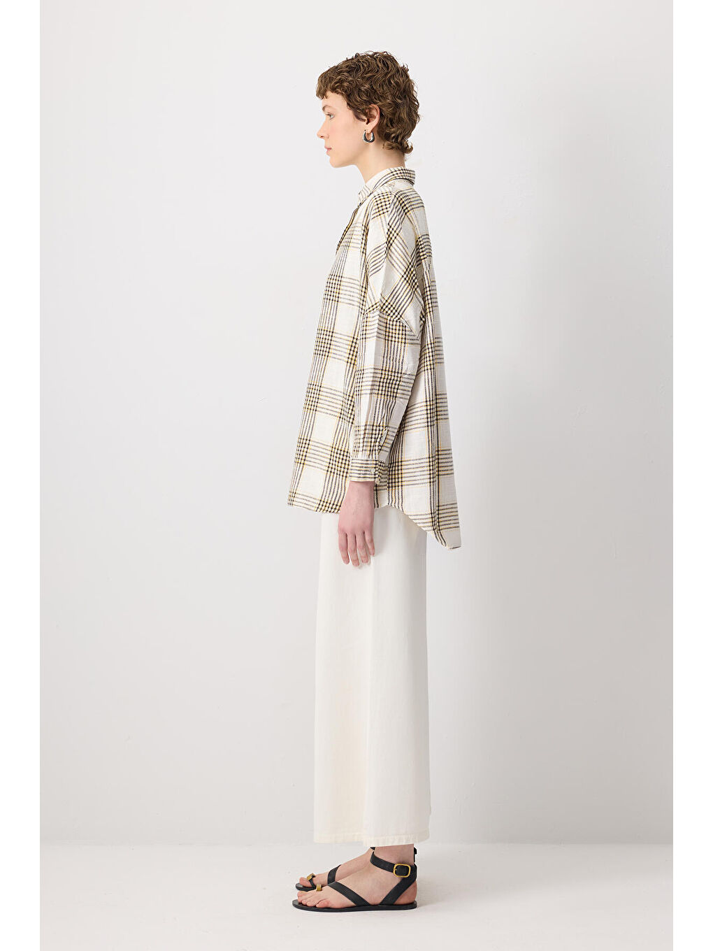 Sarı %100 Pamuklu Ekoseli Oversıze Gömlek-2