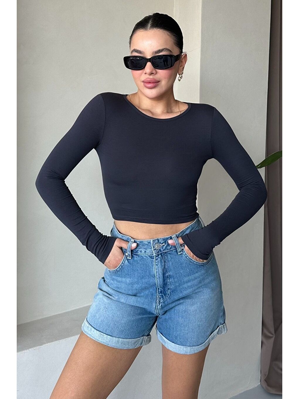 Mavi Kadın Bisiklet Yaka Düz Uzun Kollu Bluz