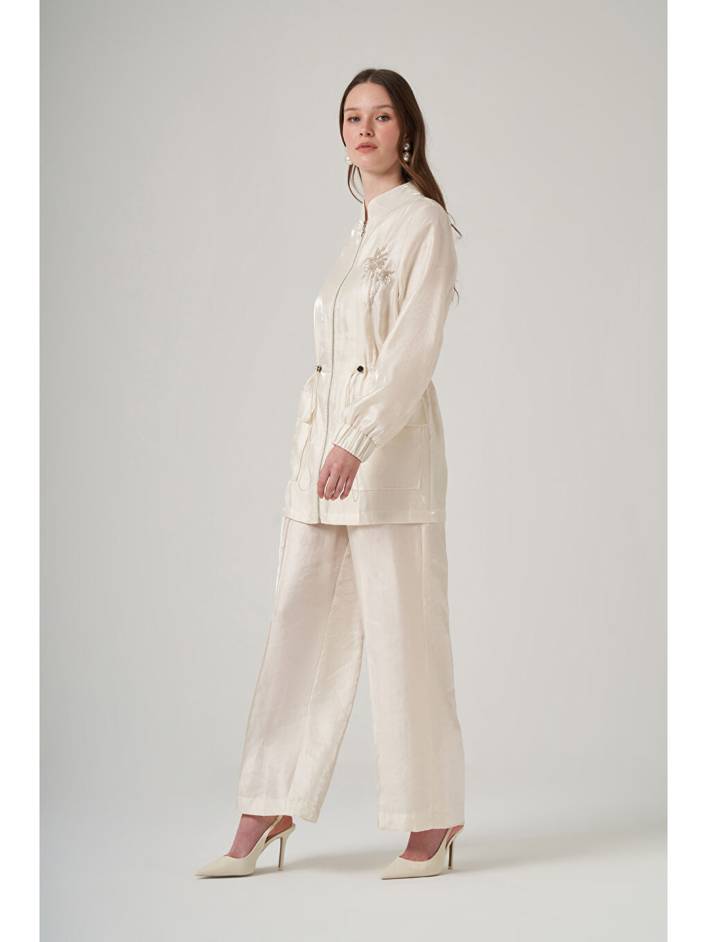 Ekru Taş İşleme Cep Detaylı Pantolonlu Takım 1032 Krem-2