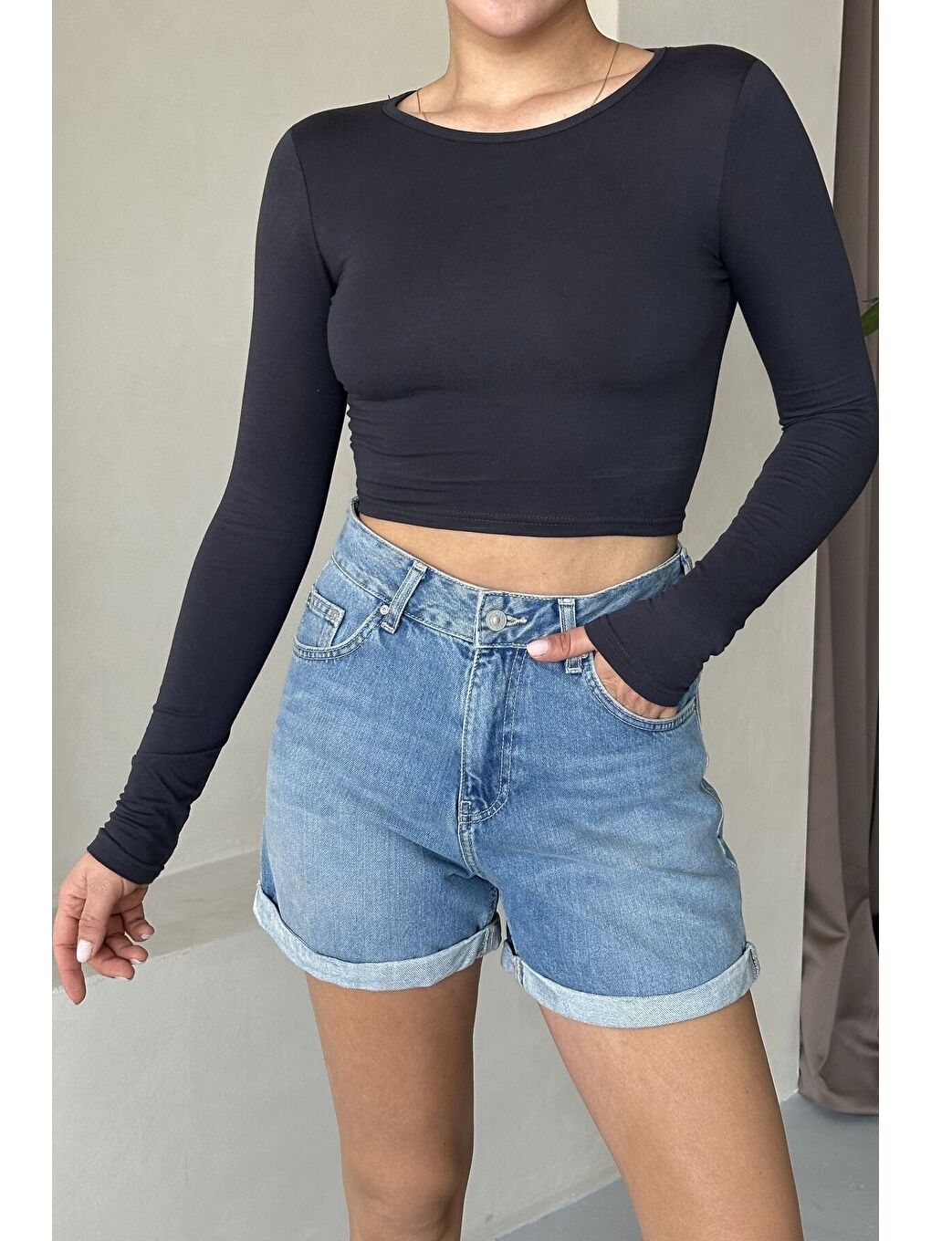 Mavi Kadın Bisiklet Yaka Düz Uzun Kollu Bluz-1