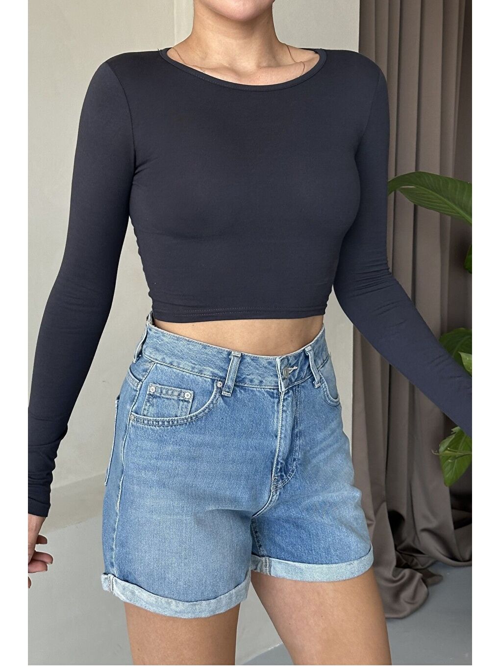 Mavi Kadın Bisiklet Yaka Düz Uzun Kollu Bluz-2