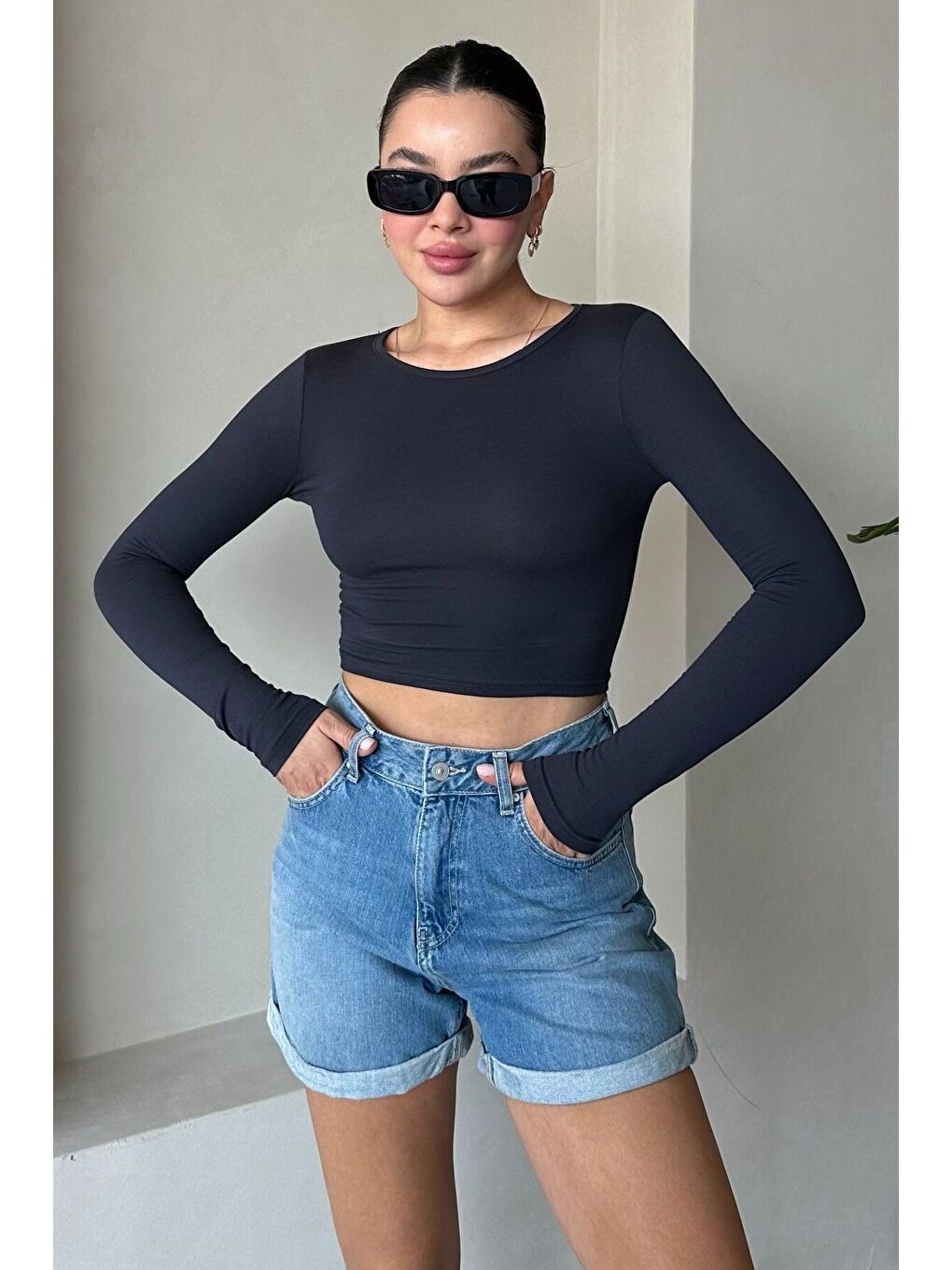 Mavi Kadın Bisiklet Yaka Düz Uzun Kollu Bluz-3