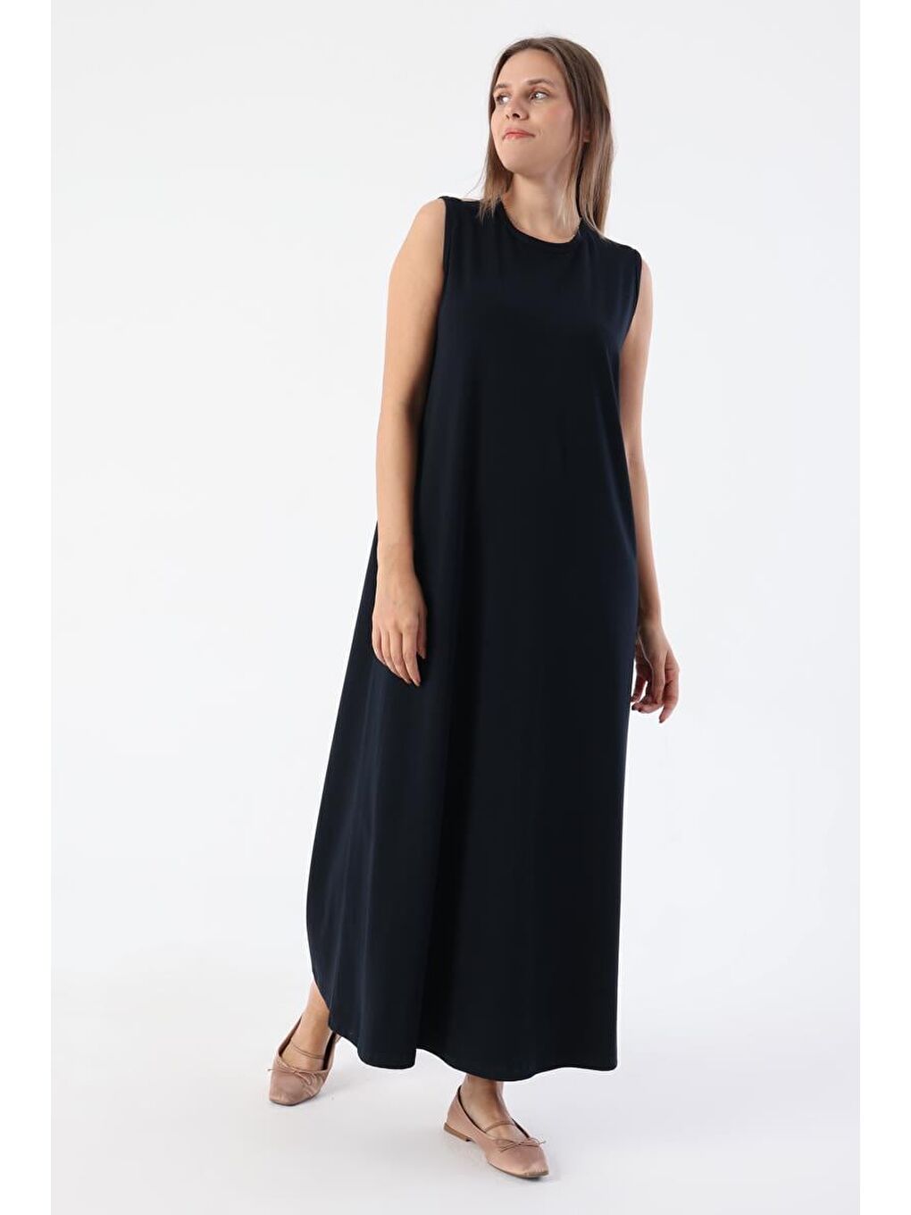 Lacivert-Pamuklu Bisiklet Yaka Kolsuz İçlik Elbise