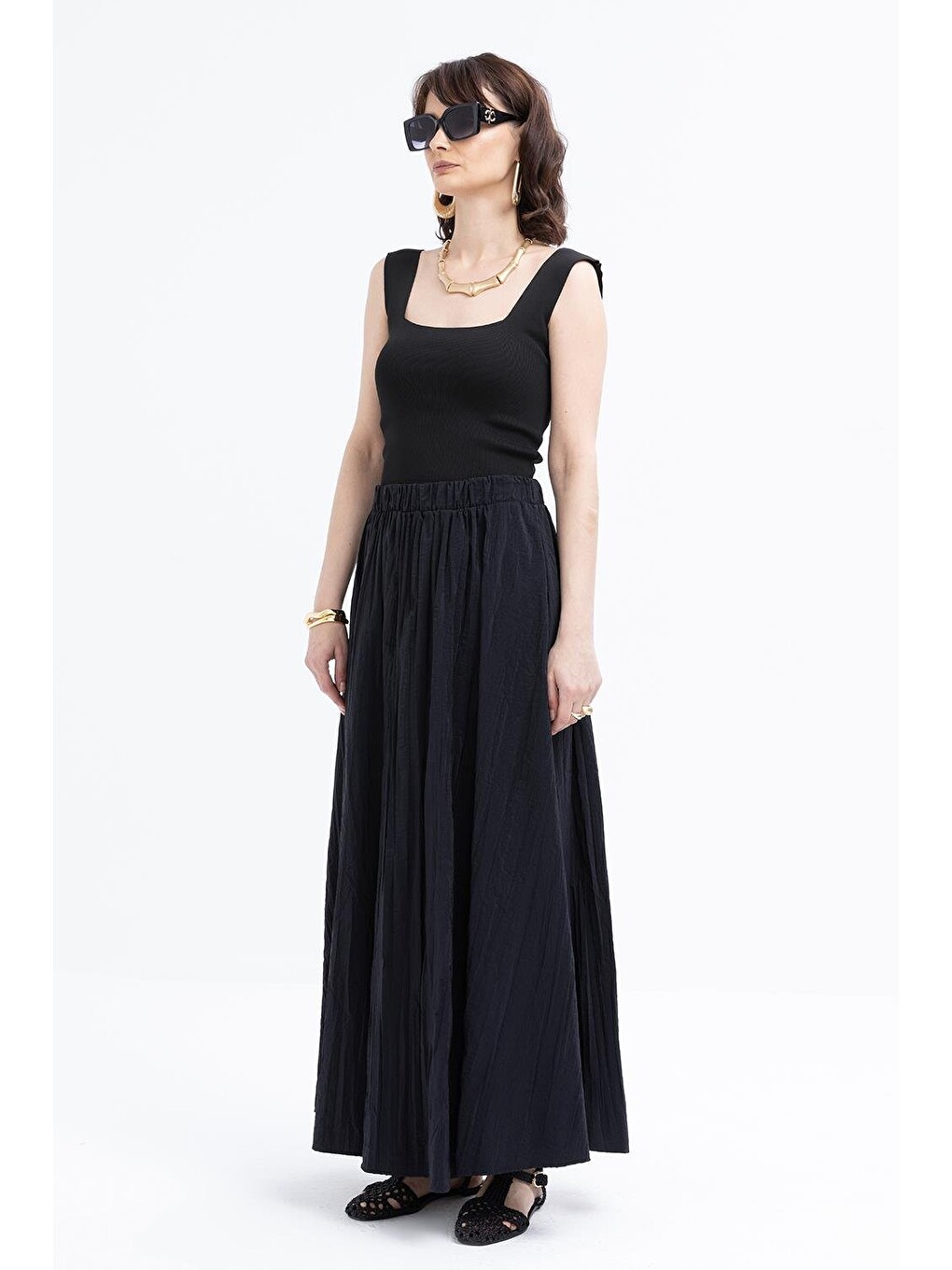 Siyah-kraşlı Beli Lastikli Kloş Etek-2