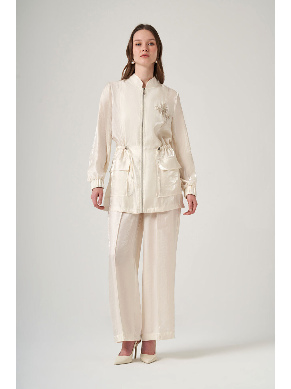 Ekru Taş İşleme Cep Detaylı Pantolonlu Takım 1032 Krem-4