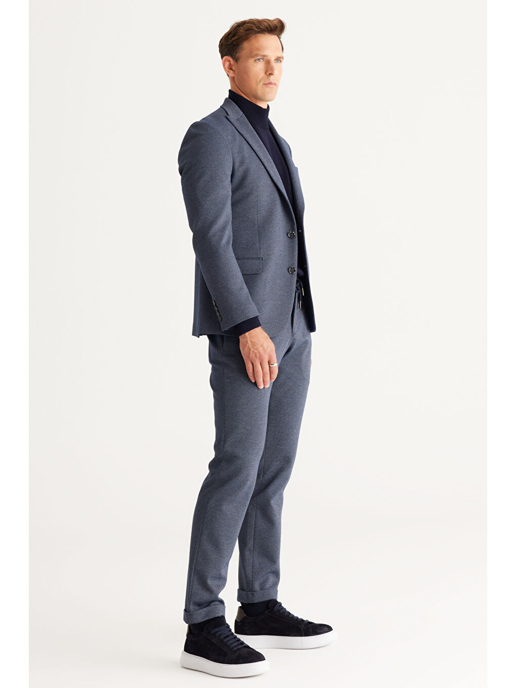 Erkek Lacivert-Gri Slim Fit Dar Kesim Kırlangıç Yaka Desenli Takım Elbise-5