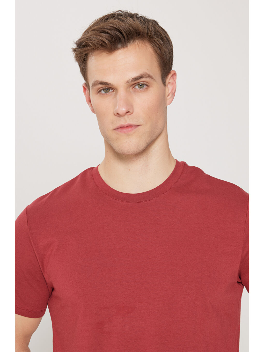Erkek Bordo Standart Fit Normal Kesim Bisiklet Yaka Pamuklu Tişört-3