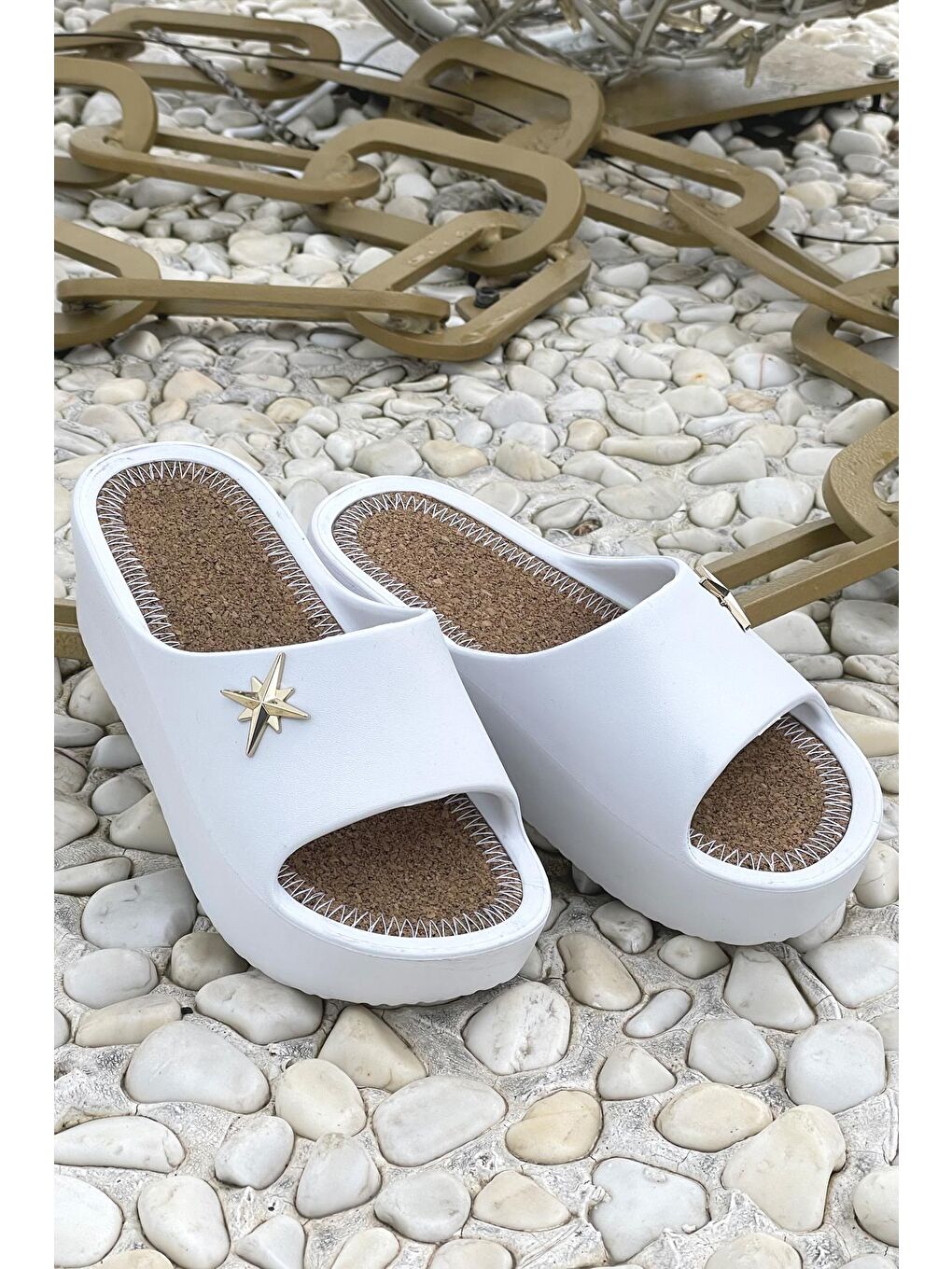 Beyaz PUSULA Kadın Terlik Plaj Deniz Havuz Terliği Dolgu Topuk Yüksek Taban-1
