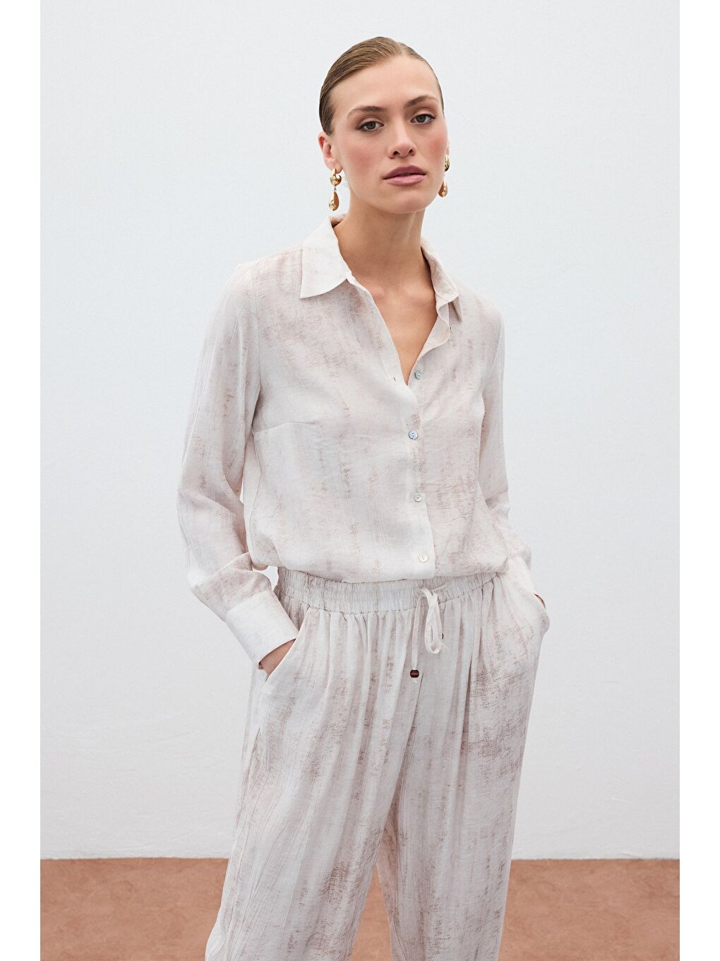 Bej Desenli Salaş Gömlek - Taş-1