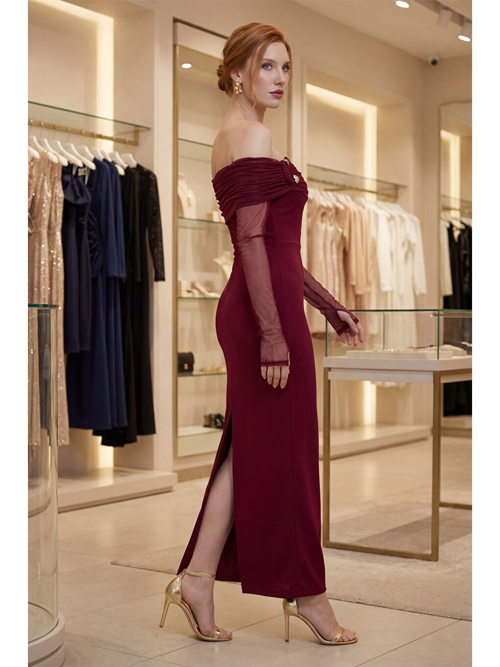 Kadın Bordo Yakası Aksesuar Detay Maxi Elbise-3