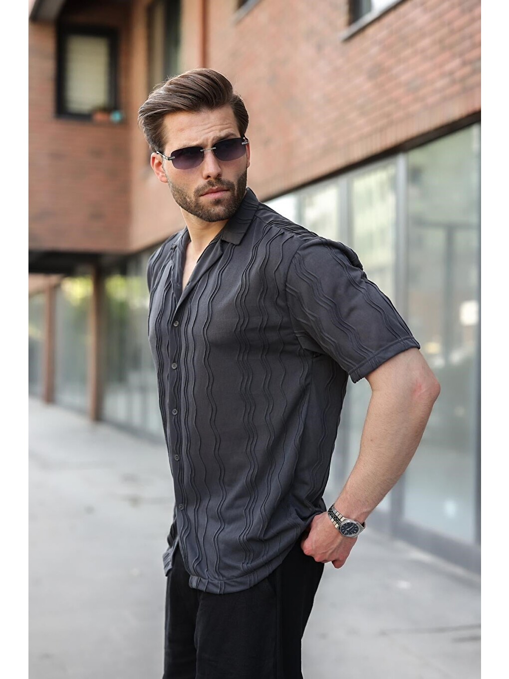 Gri Füme Dalga Desenli Regular Fit Erkek Gömlek E6771-3
