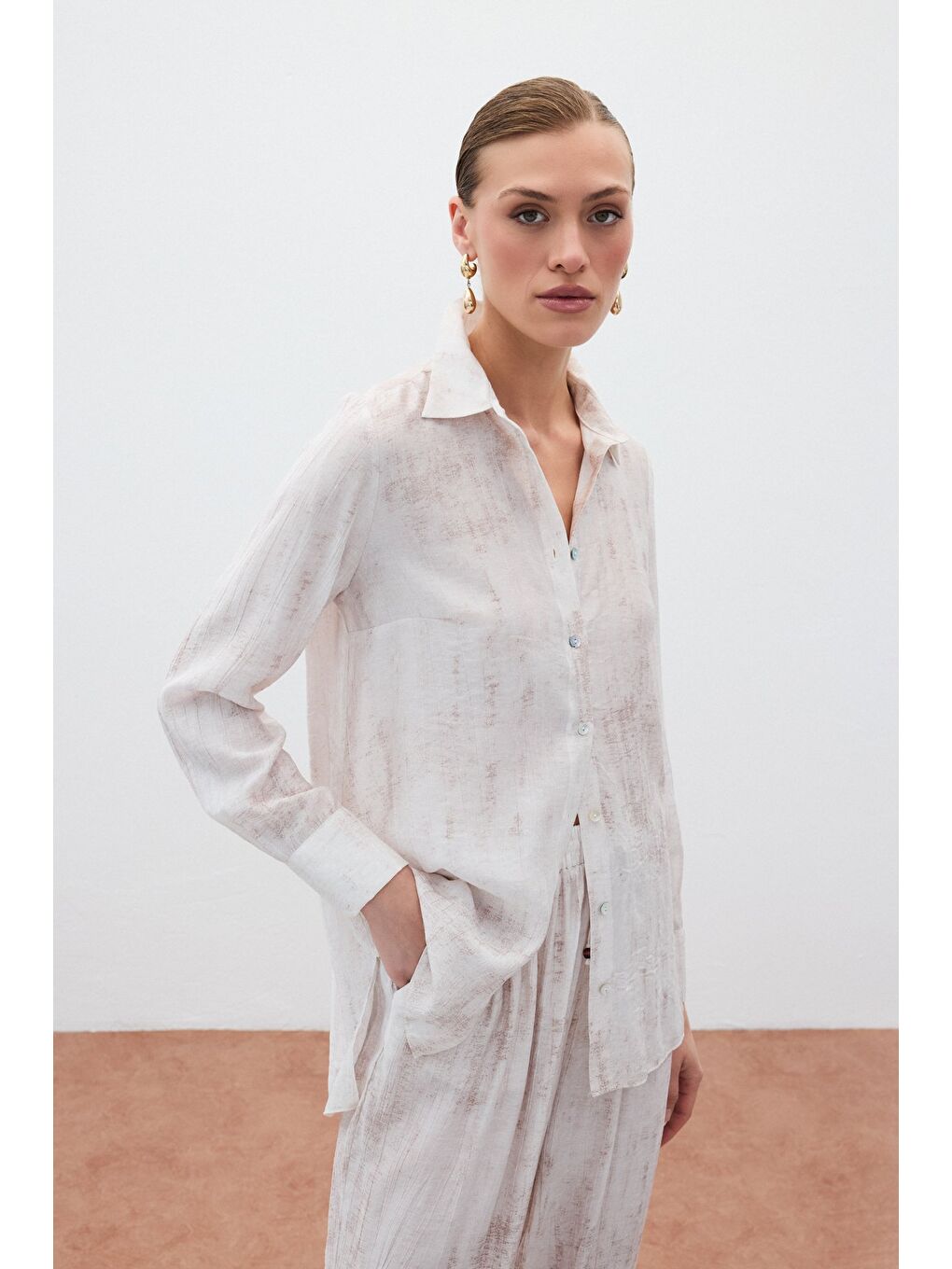 Bej Desenli Salaş Gömlek - Taş-3